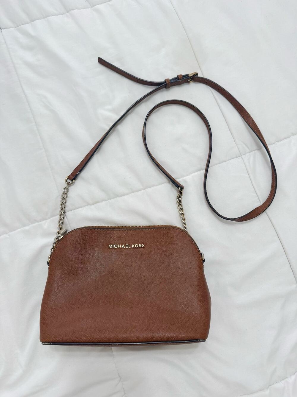 Michael Kors Brown Saffiano Leather Dome Crossbody Bag Chain Strap